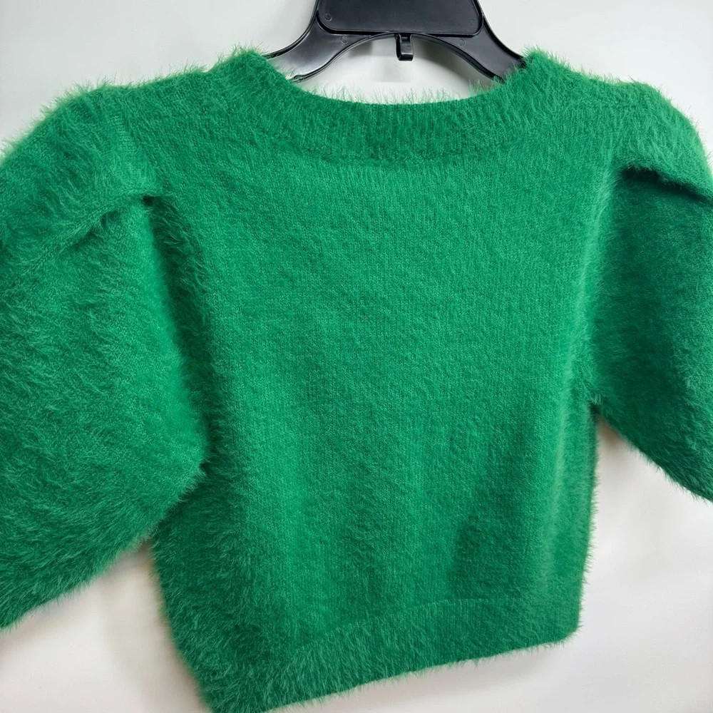 NEW Day + Moon Green Fuzzy Knit Crop Short Sleeve Sweater Womens Small - Picture 7 of 8